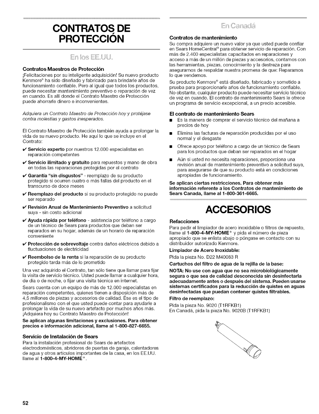 Kenmore 10656703500, Elite Proteccion, Contratos Maestros de Proteccibn, El contrato de mantenimiento Sears, Refacciones 