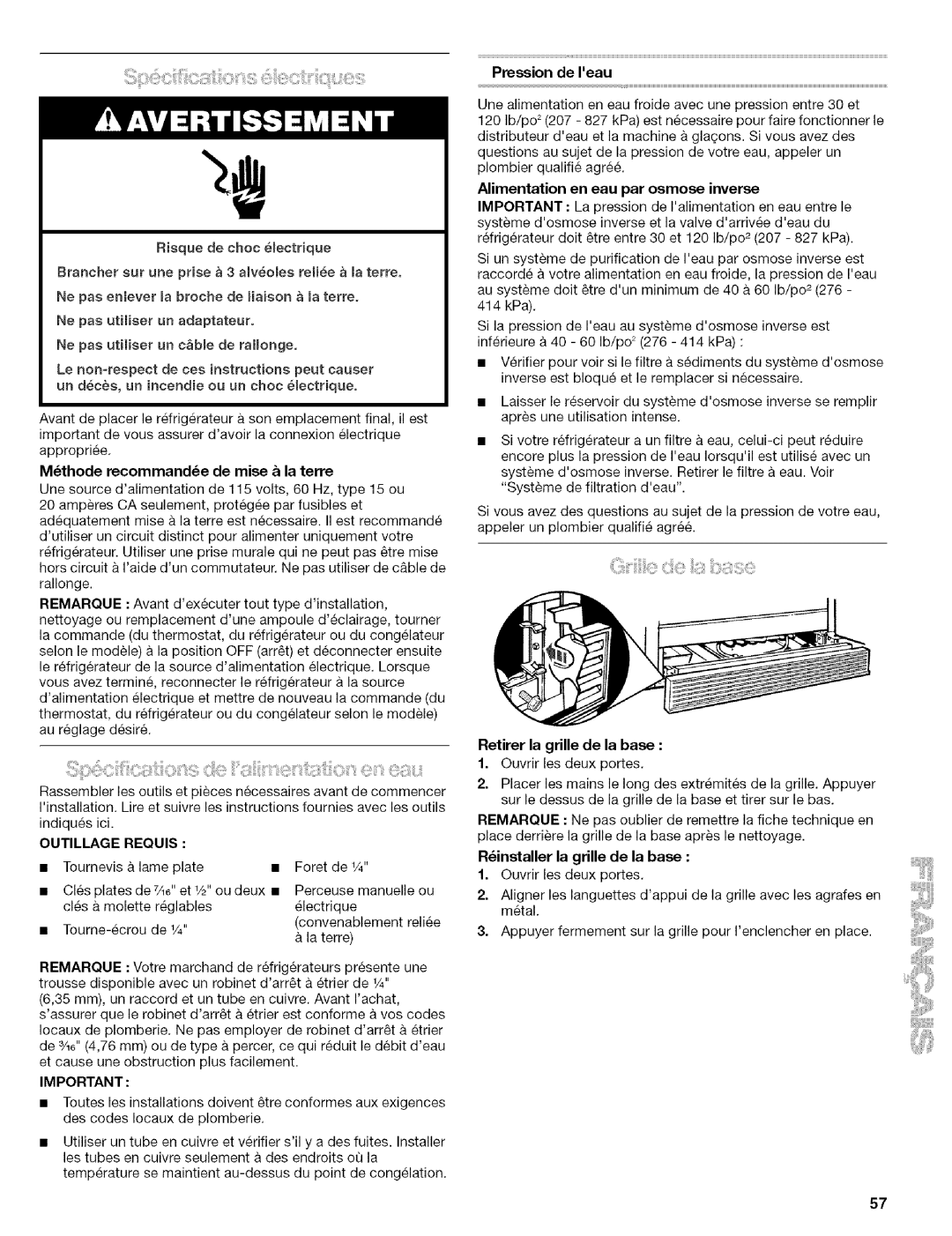 Kenmore 10656713500, Elite manual Mthode recommande de raise la terre, Tournevis a lame plate Foret de 1/4, Preseion de Ieau 