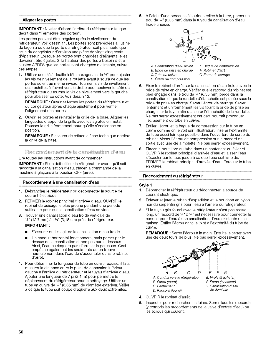 Kenmore 10656709500, Elite manual Aligner les portes, Raccordernent & une canalisation deau, Raccordement au rfrigrateur 