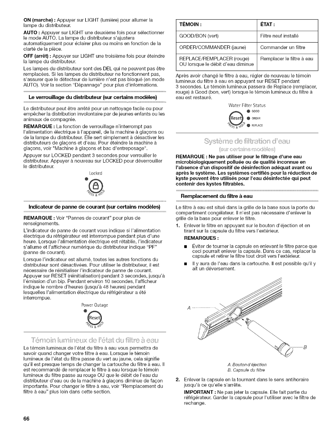 Kenmore Elite Le verrouillage du distributeur sur certains modules, Indicateur de panne de courant sur certains modules 