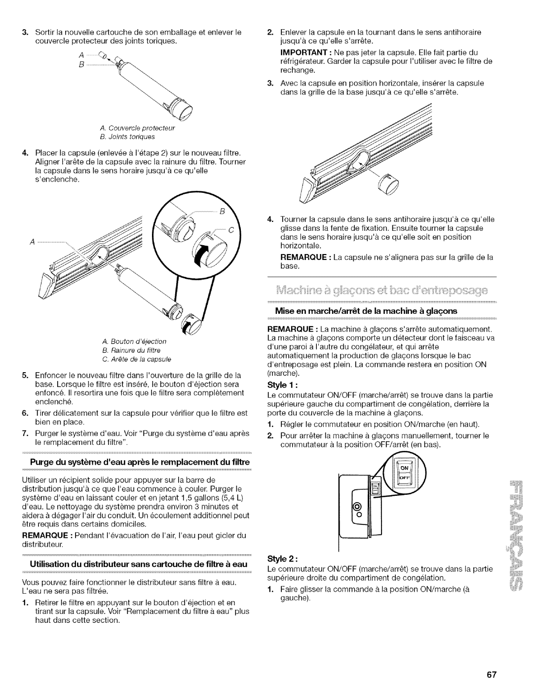 Kenmore 10656719500, Elite Couvercle protecteur B. Joints toriques, Purge du systme deau aprs le remplacement du filtre 