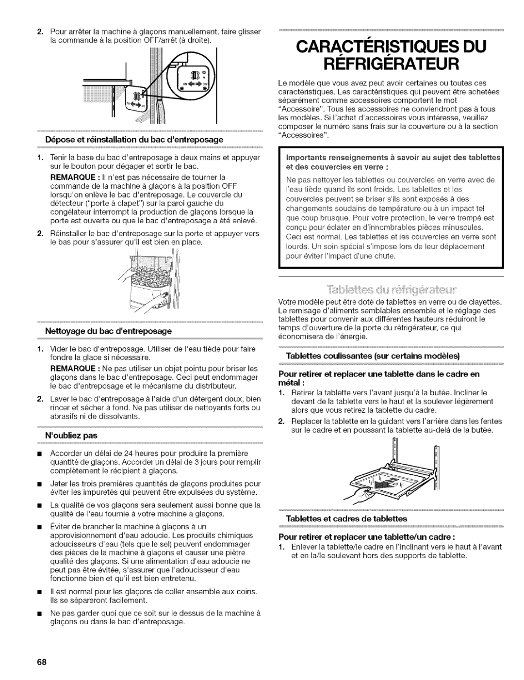 Kenmore 10656713500 Refrigerateur, Noubliezpas, Dpose et rinstallation du bac dentreposage, Nettoyage du bac dentreposage 