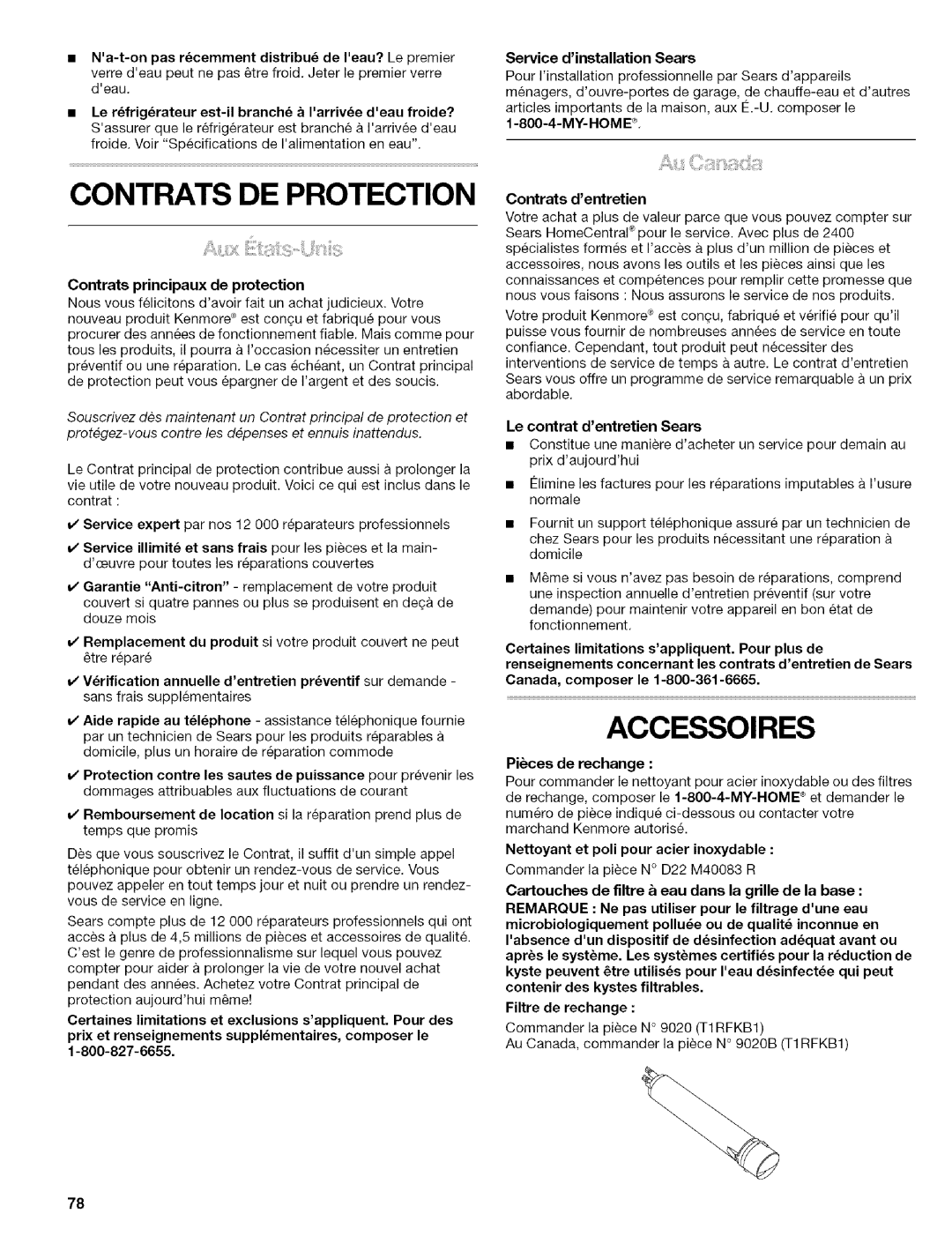 Kenmore 10656719500, Elite manual Contrats DE Protection, Contrats principaux de protection, Le contrat dentretien Sears 