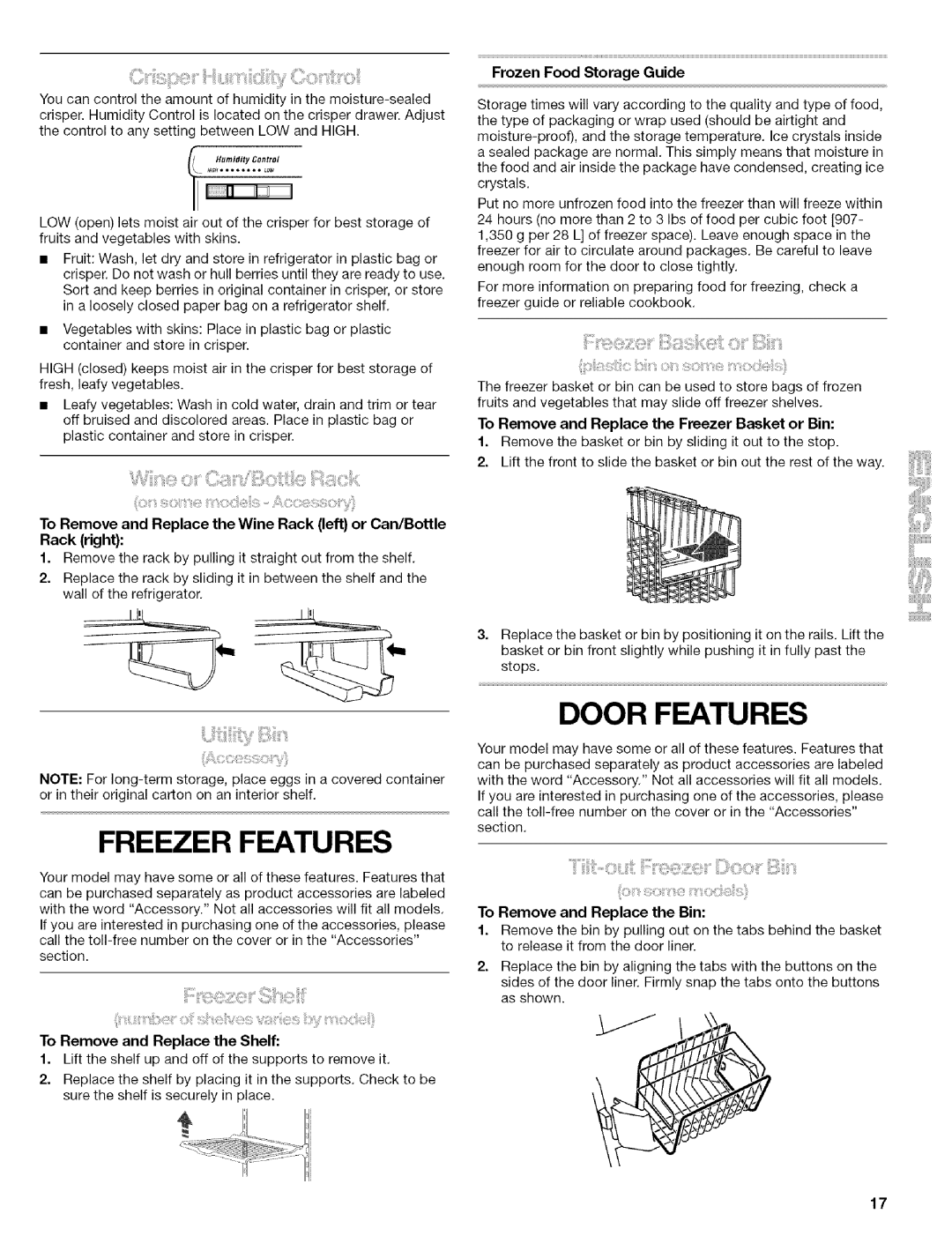 Kenmore 10656706500, Elite Freezer Features, Door Features, Frozen Food Storage Guide, To Remove and Replace the Shelf 