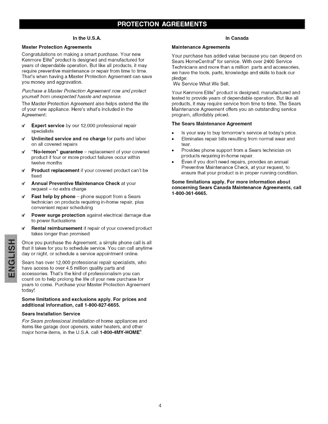 Kenmore 25316092103, Freezer, 25316582102, 25316582101, 297089200 U.S.A Master Protection Agreements, Maintenance Agreements 