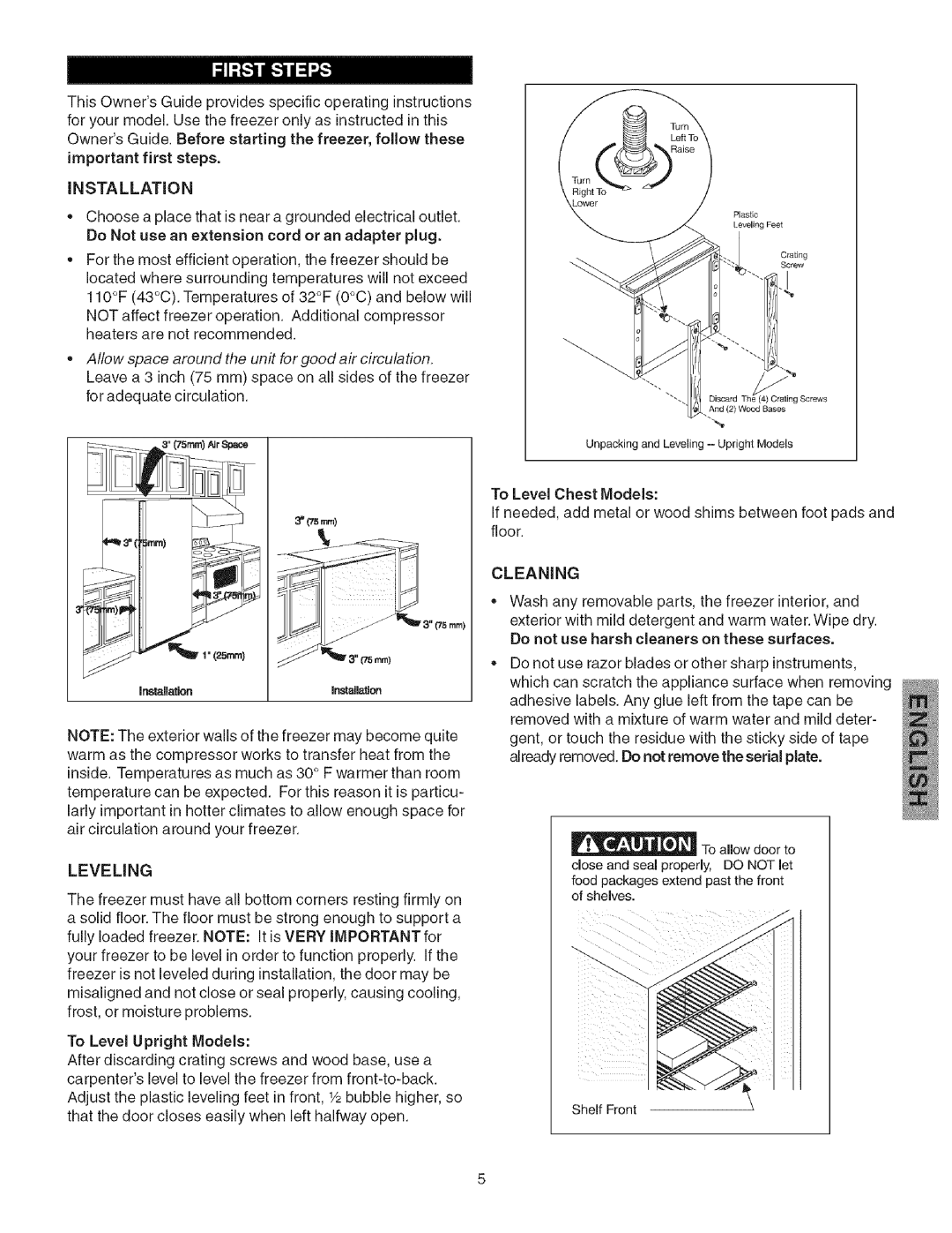 Kenmore 25316092102, Freezer, 25316582102, 25316582101, 25316592100, 25316092103, 25316092101 INSTALLATiON, Cleaning, Leveling 