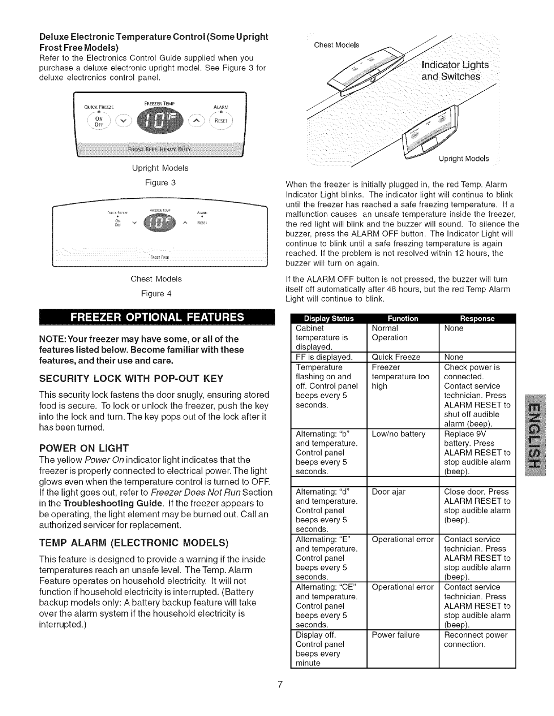 Kenmore 25316582103, Freezer, 25316582102 manual Security Lock with POP=OUT KEY, Power on Light, Temp Alarm Electronic Models 