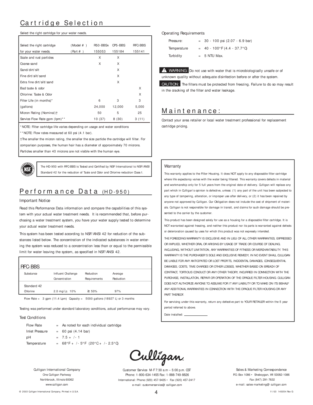 Kenmore manual Cartridge Selection, Performance Data HD-950, Maintenance, Rfc-Bbs 