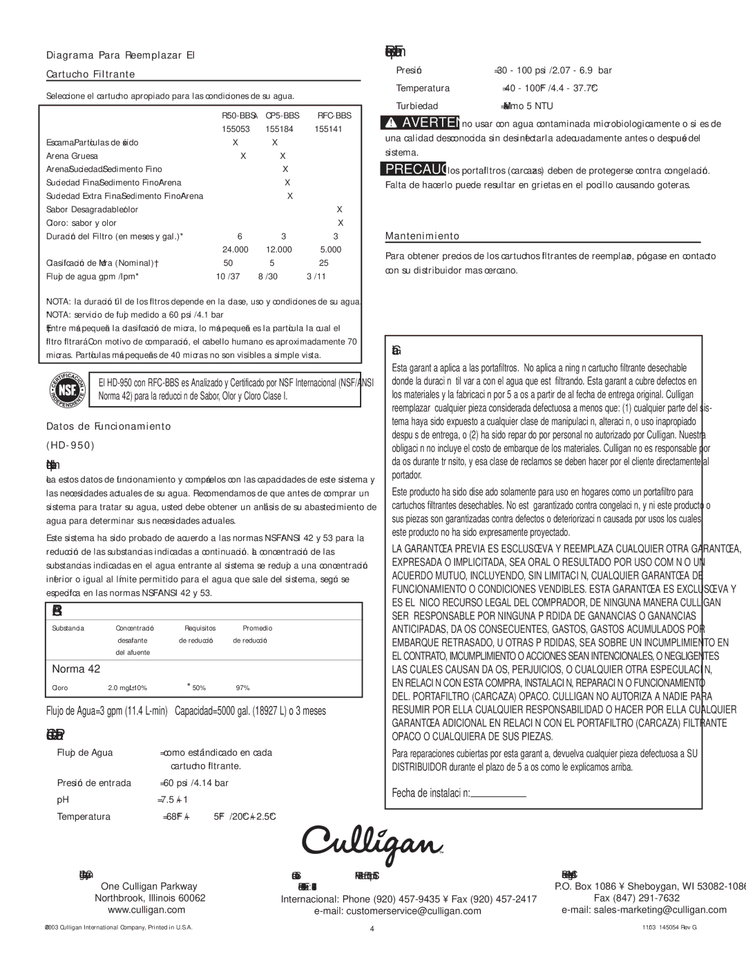 Kenmore manual Diagrama Para Reemplazar El Cartucho Filtrante, Datos de Funcionamiento HD-950, Mantenimiento, Rfc-Bbsa 