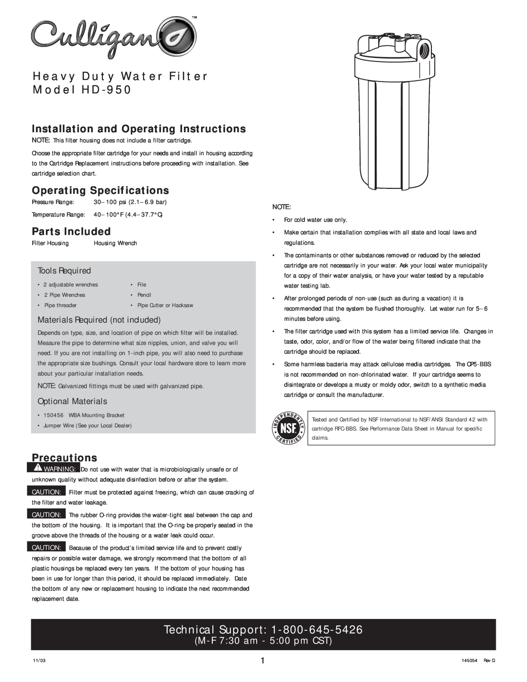Kenmore manual Heavy Duty Water Filter Model HD-950, Installation and Operating Instructions, Operating Specifications 