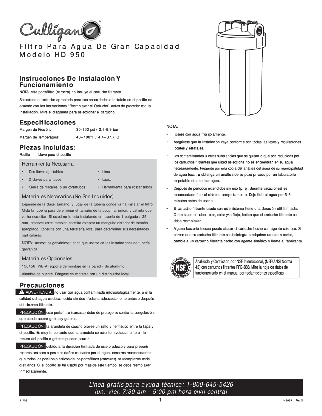 Kenmore Filtro Para Agua De Gran Capacidad Modelo HD-950, Instrucciones De Instalación Y Funcionamiento, Precauciones 