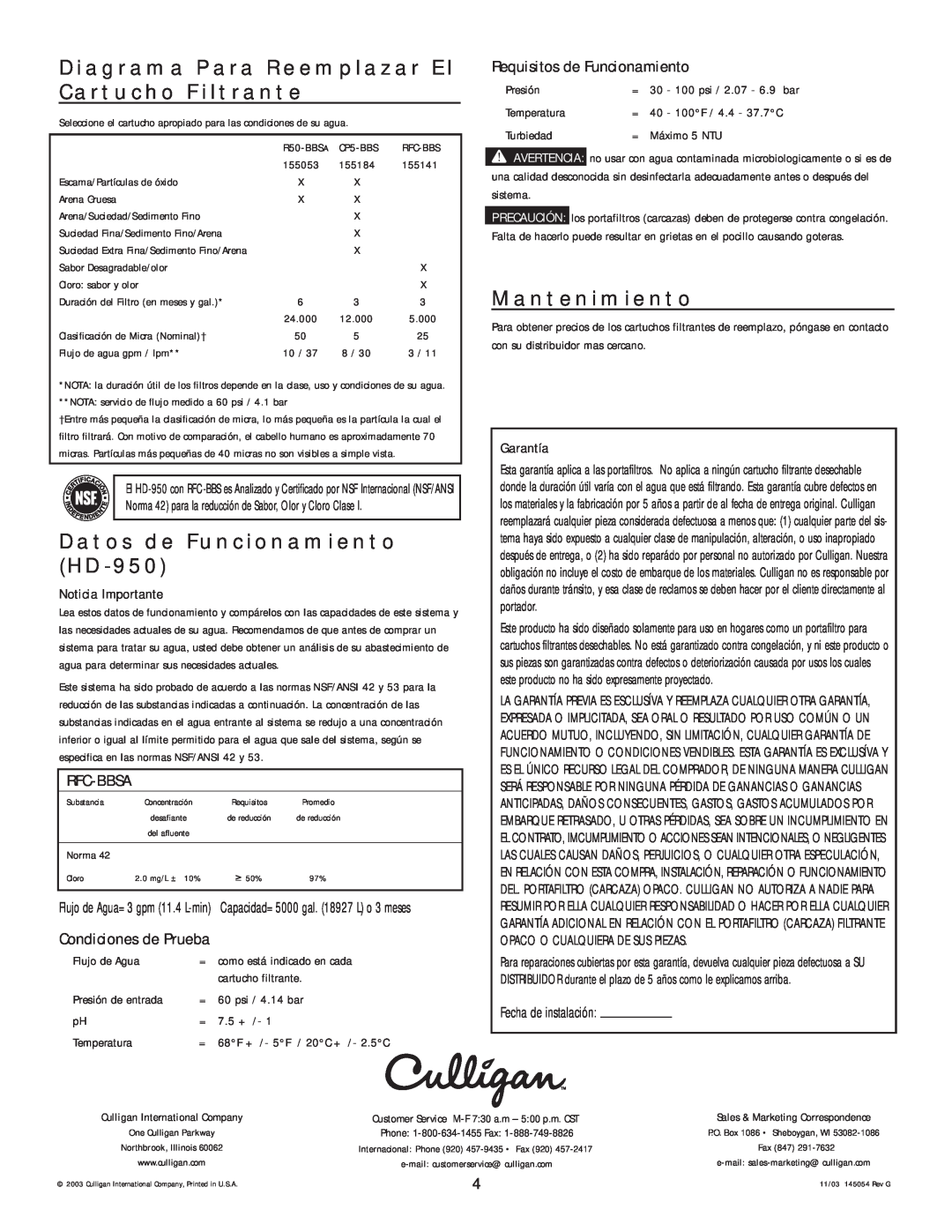 Kenmore manual Diagrama Para Reemplazar El Cartucho Filtrante, Datos de Funcionamiento HD-950, Mantenimiento, Rfc-Bbsa 