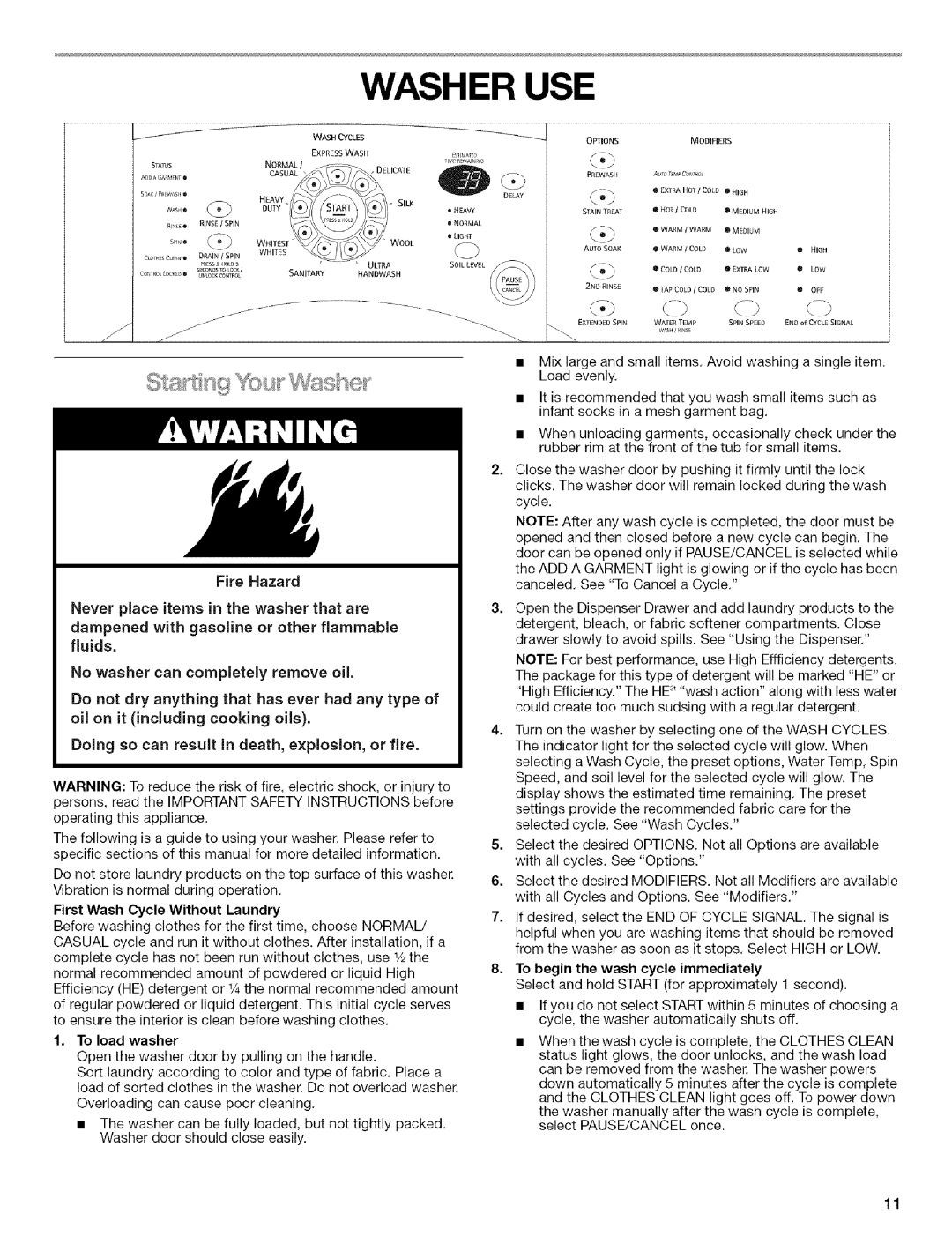 Kenmore HE3T manual Washer USE, Fire Hazard 