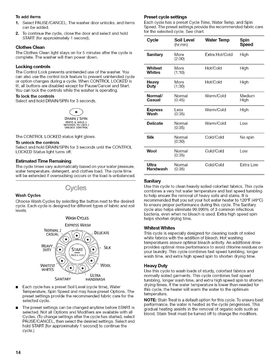 Kenmore HE3T To add items, Clothes Clean, To lock the controls, Estimated Time Remaining, Preset cycle settings, Duty 