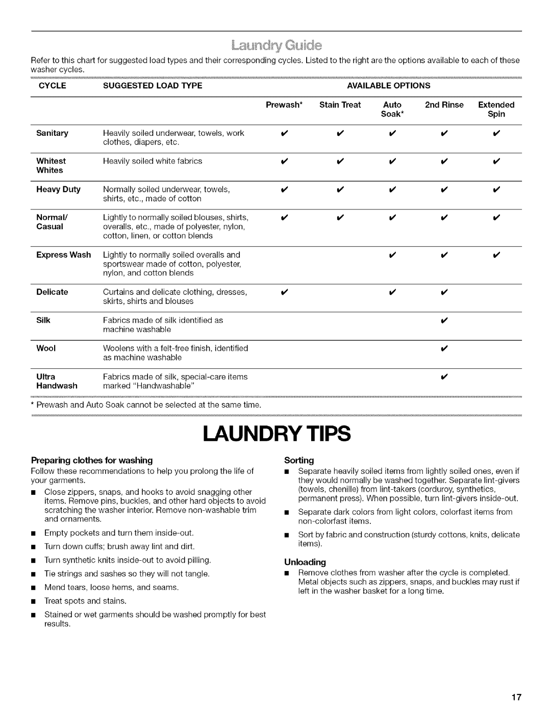 Kenmore HE3T manual Laundry Tips, Load Type Available Options 