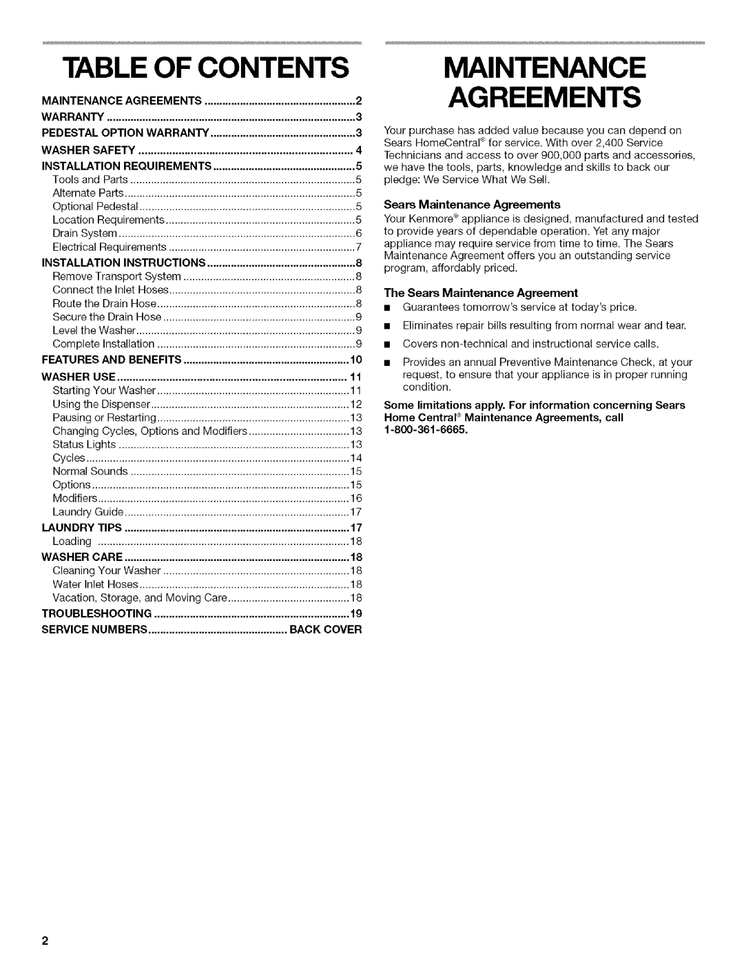 Kenmore HE3T manual Table of Contents, Maintenance Agreements 