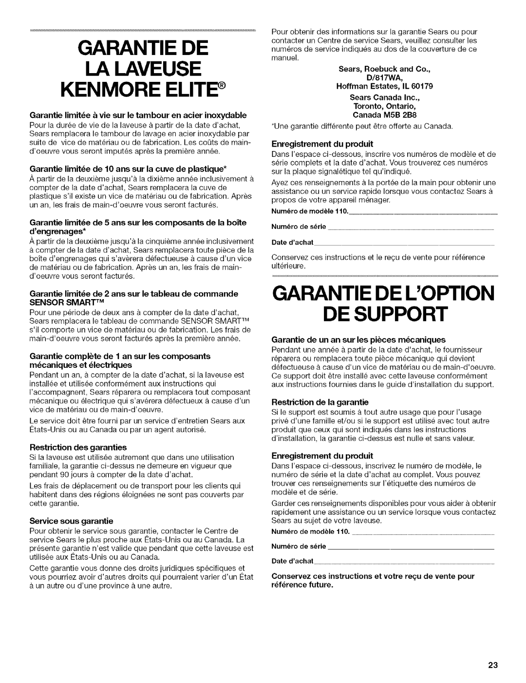 Kenmore HE3T manual Garantie DE LA Laveuse Kenmore Elite, Garantie DE Loption DE Support, Sensor Smart TM 