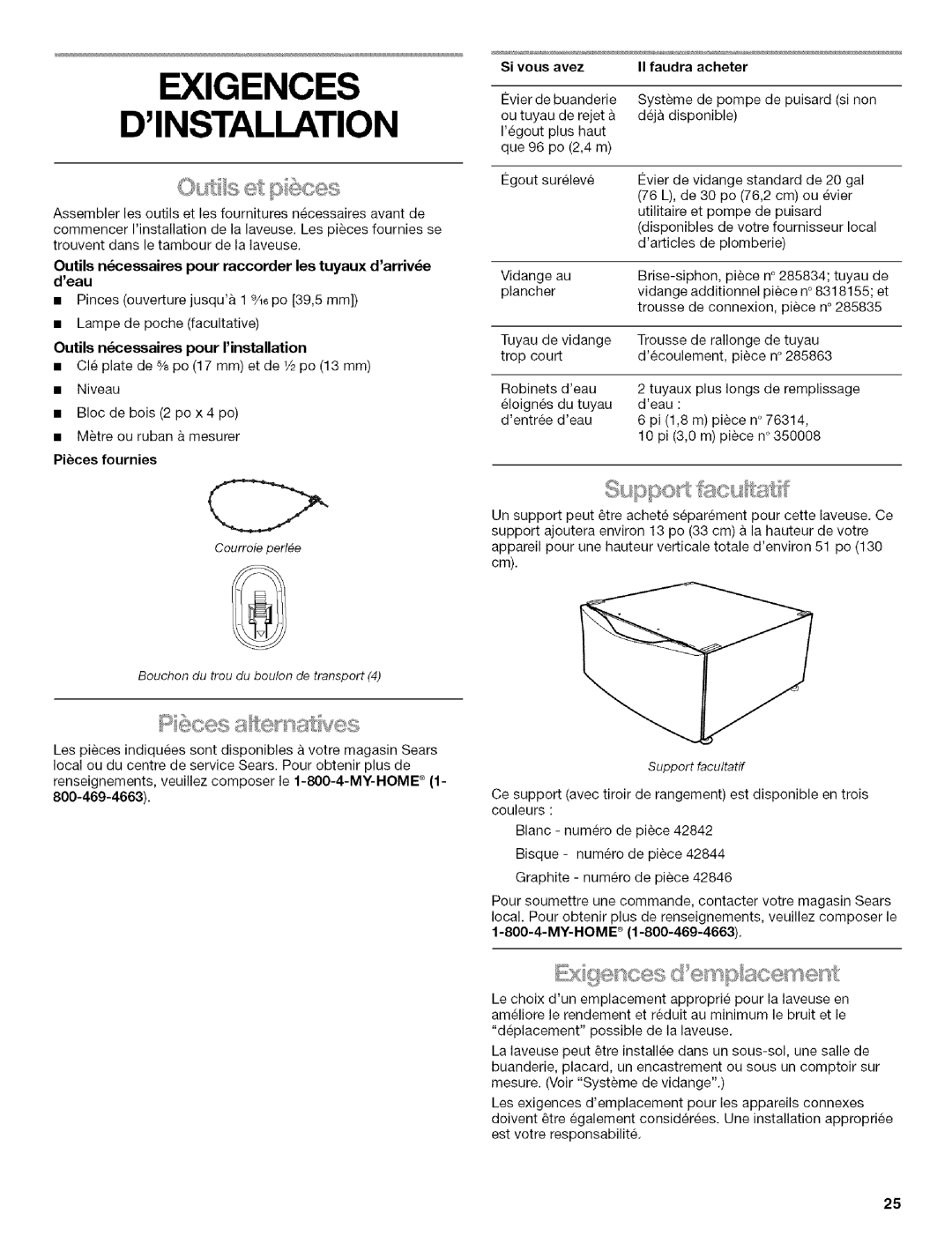 Kenmore HE3T manual Exigences Dinstallation, Outils ncessaires pour raccorder les tuyaux darrive deau, Si vous avez 