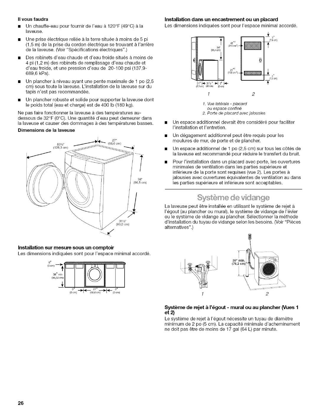 Kenmore HE3T Installation dans un encastrement ou un placard, II vous faudra, Installation sur mesure sous un comptoir 