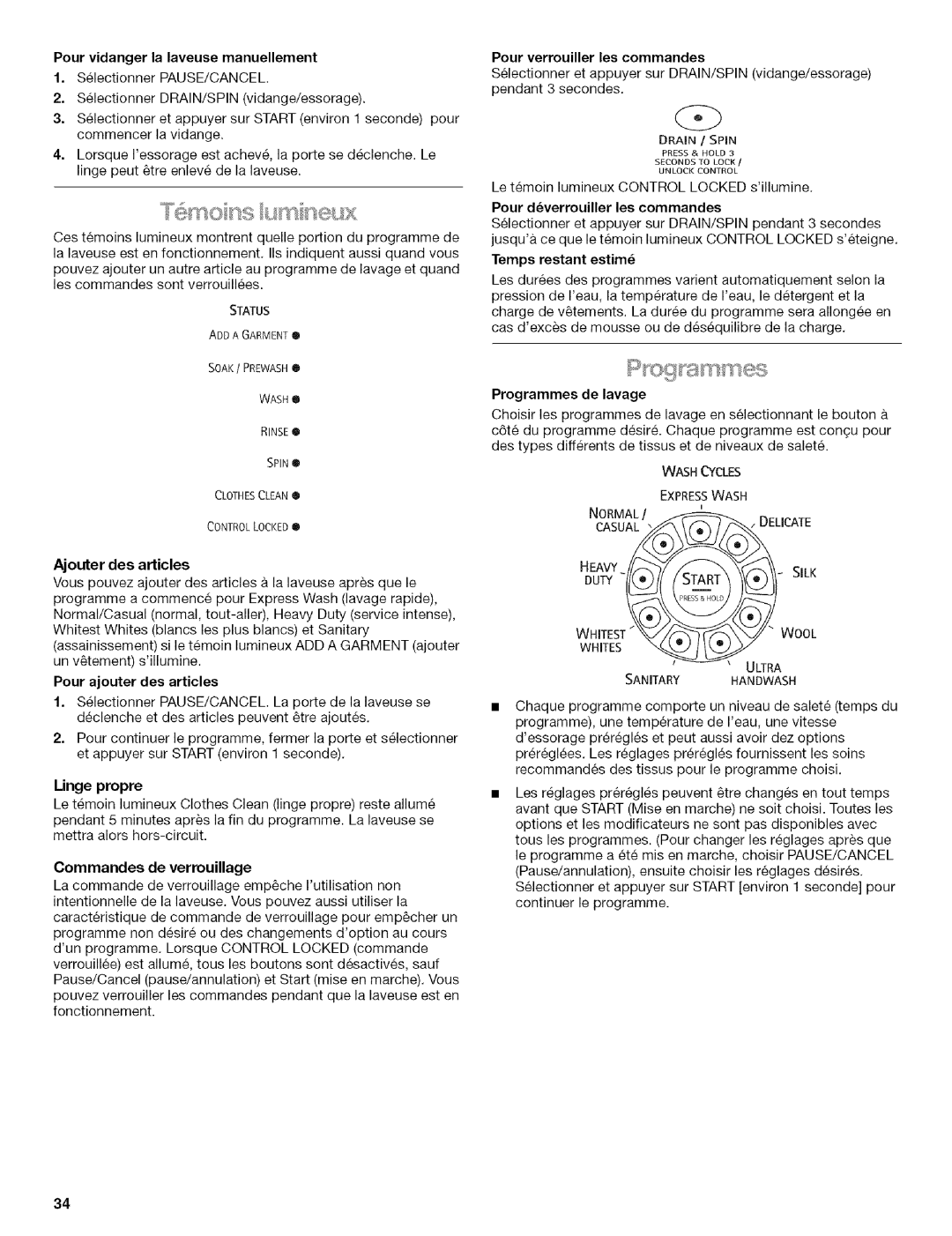 Kenmore HE3T manual Pour vidanger la laveuse manuellement, Commandes de verrouillage, Pour verrouiller les commandes 