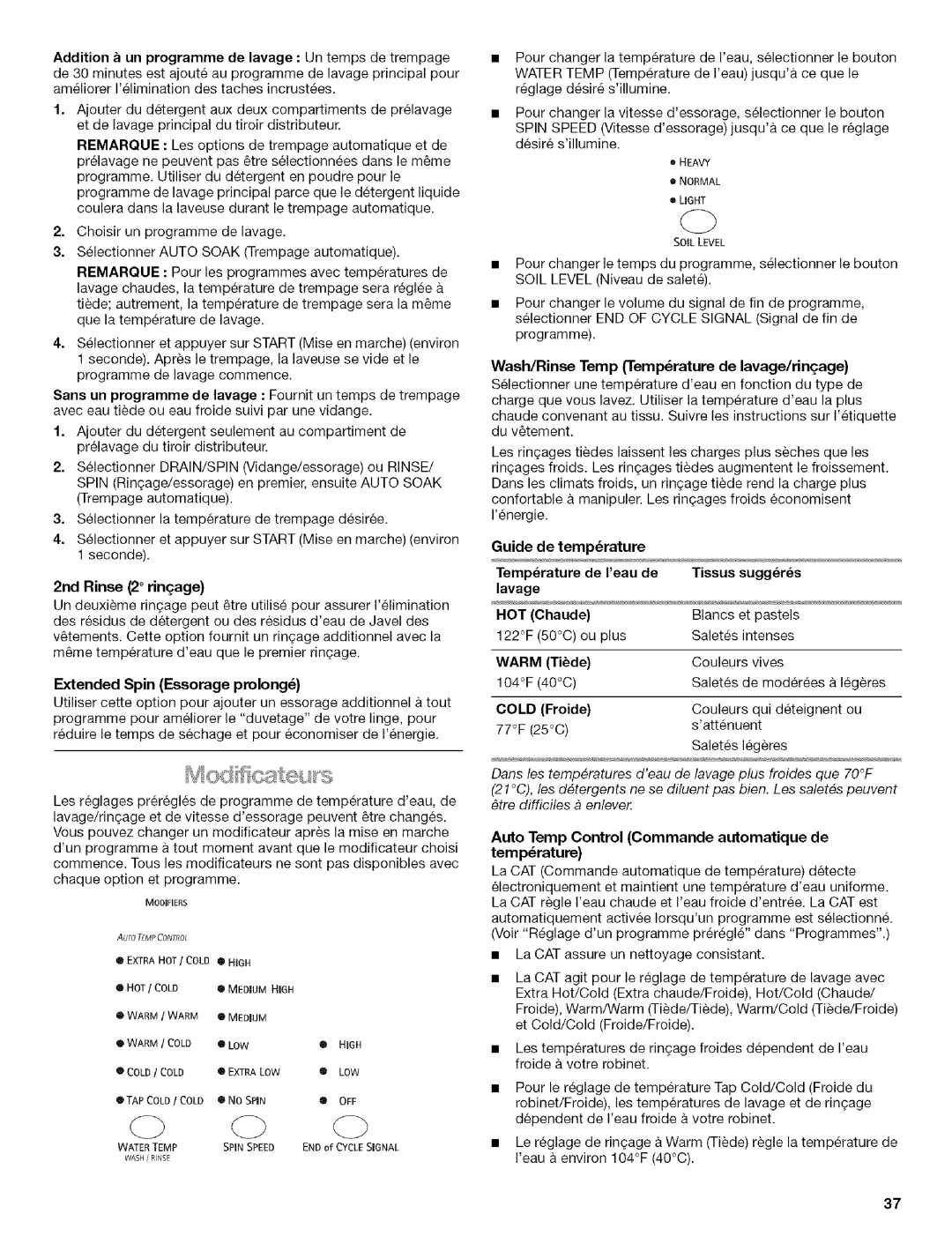 Kenmore HE3T manual 2nd Rinse 2 rin£age, Extended Spin Essorage prolongS, Wash/Rinse Temp Temperature de lavage/rin£age 