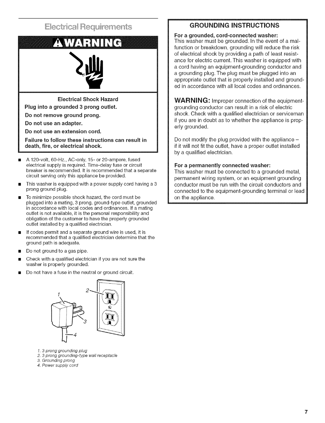 Kenmore HE3T manual Grounding Instructions, For a permanently connected washer 