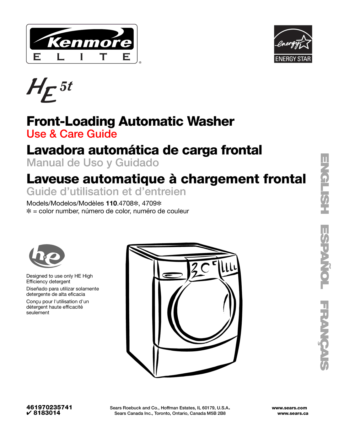 Kenmore HE5T manual Laveuse automatique à chargement frontal, Designed to use only HE High Efficiency detergent 