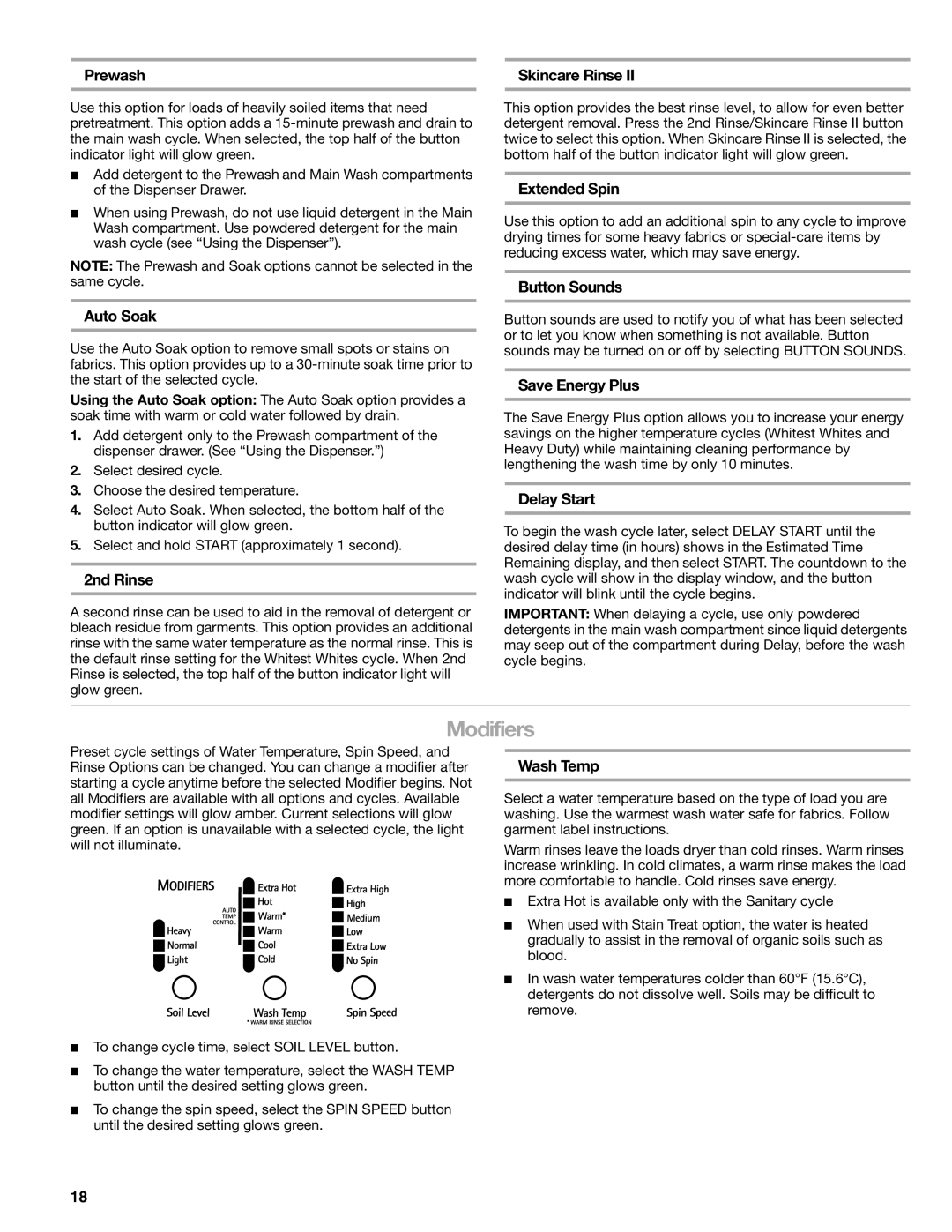 Kenmore HE5T manual Modifiers 