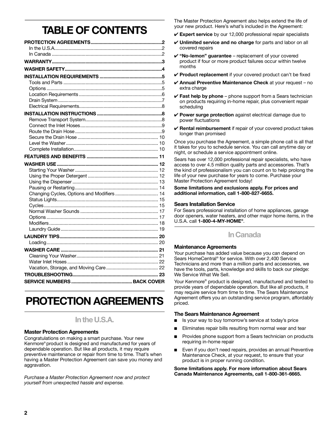 Kenmore HE5T manual Table of Contents 