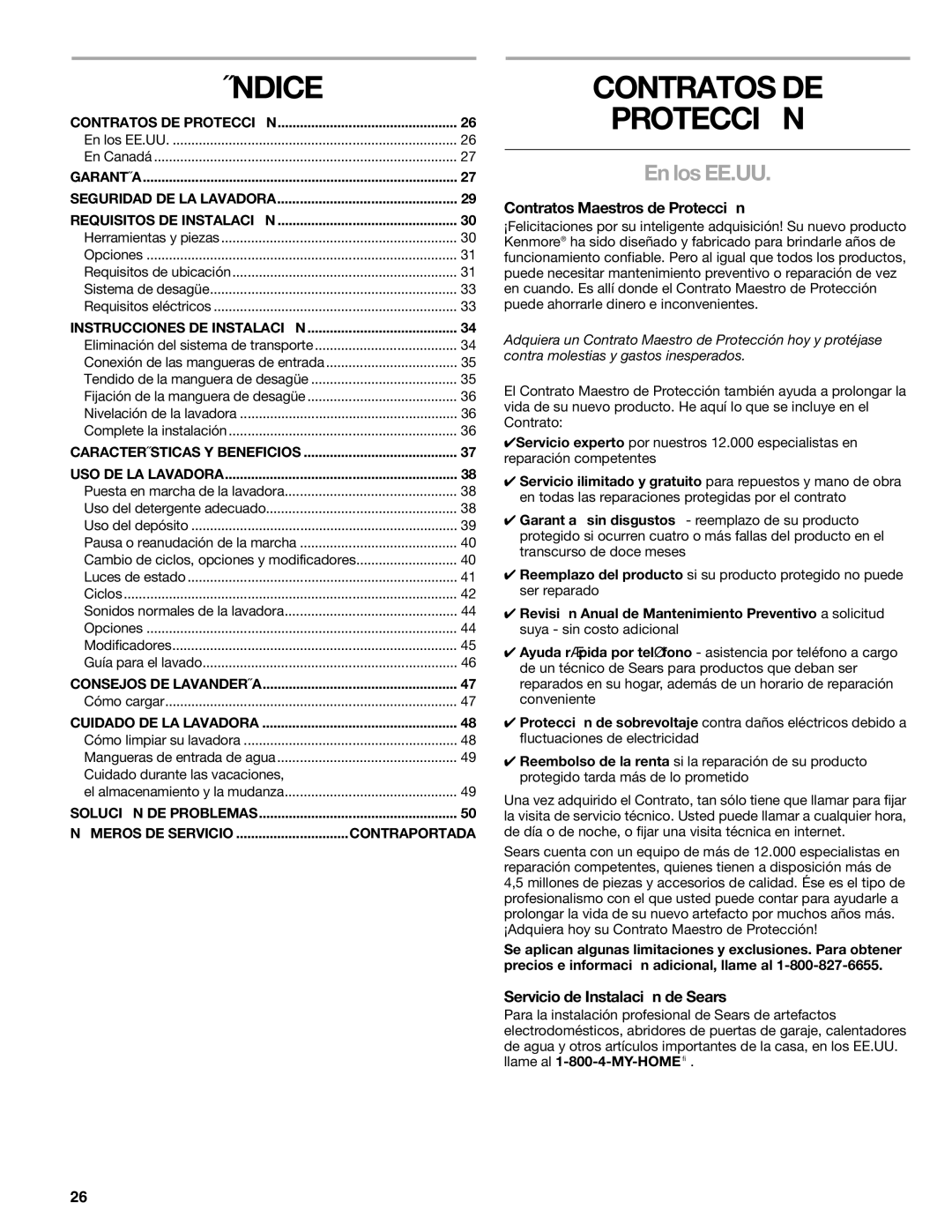 Kenmore HE5T manual Índice, Contratos DE Protección, En los EE.UU, Contratos Maestros de Protección 