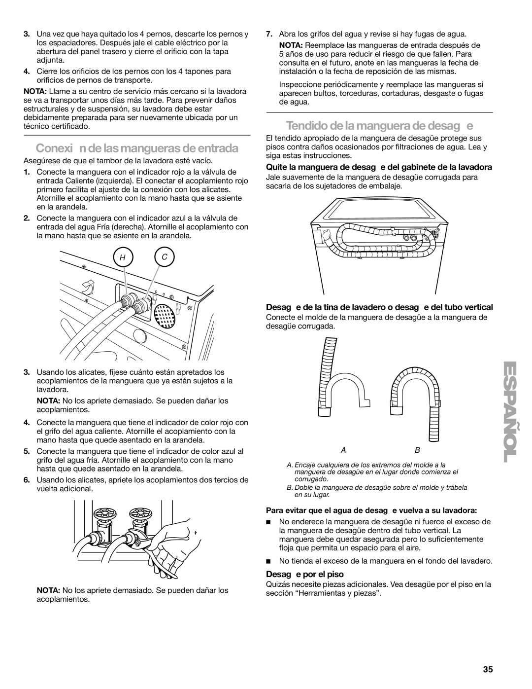 Kenmore HE5T manual Tendido de la manguera de desagüe, Quite la manguera de desagüe del gabinete de la lavadora 