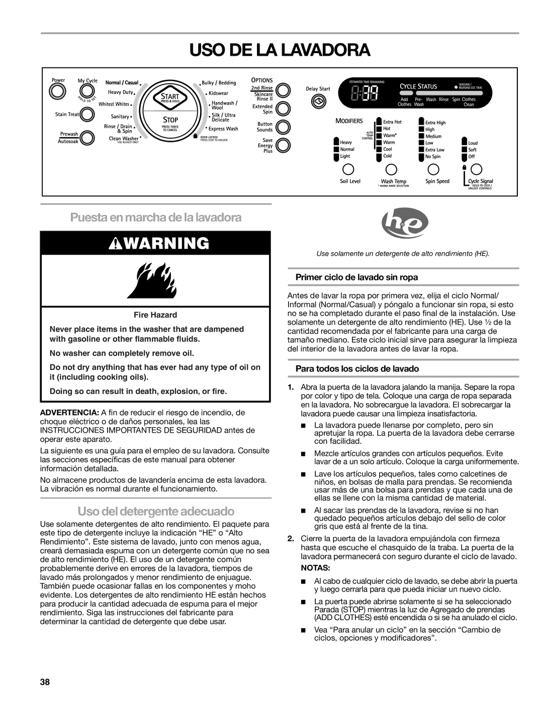 Kenmore HE5T manual USO DE LA Lavadora, Puesta en marcha de la lavadora, Uso del detergente adecuado 