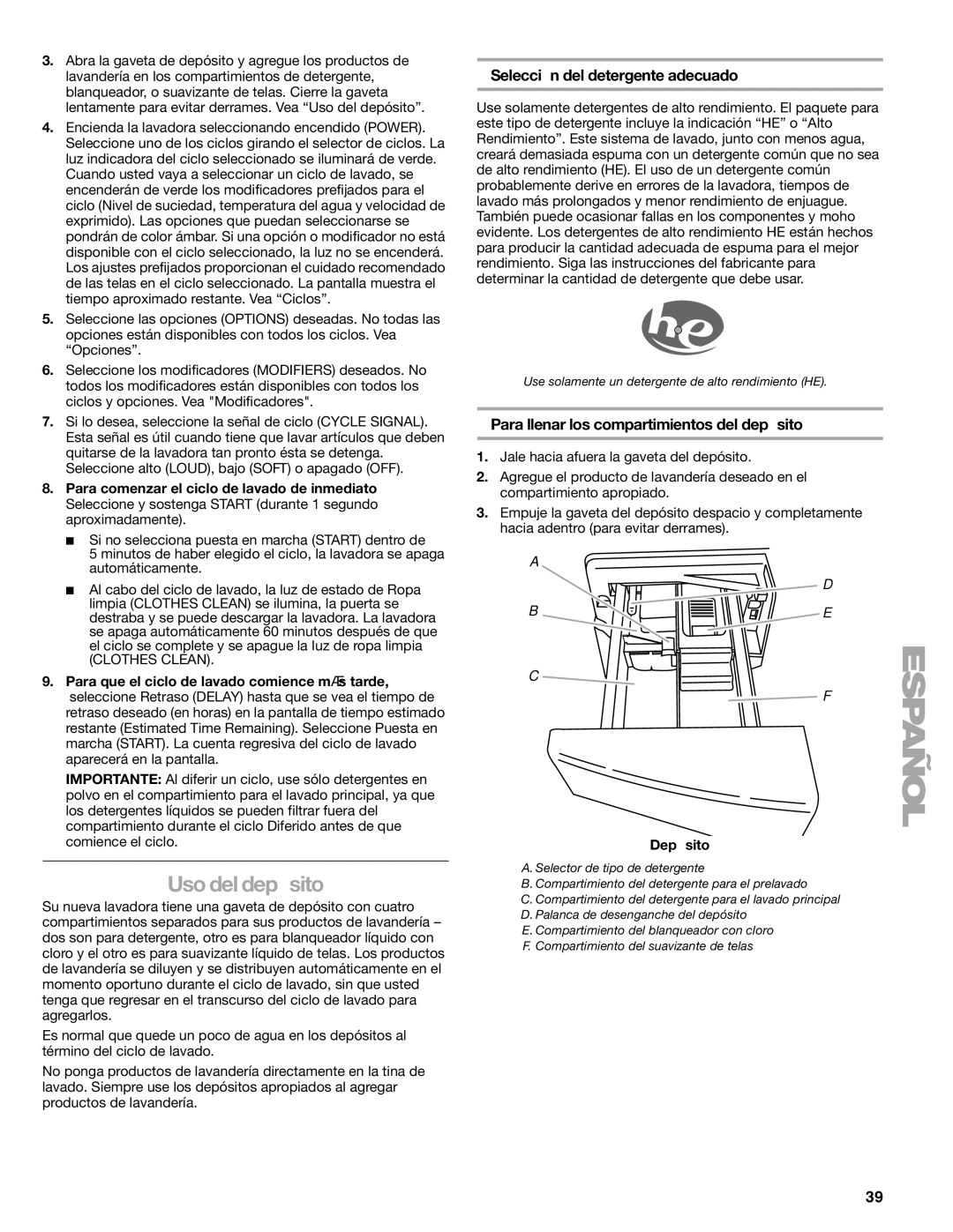 Kenmore HE5T Uso del depósito, Selección del detergente adecuado, Para llenar los compartimientos del depósito, Depósito 