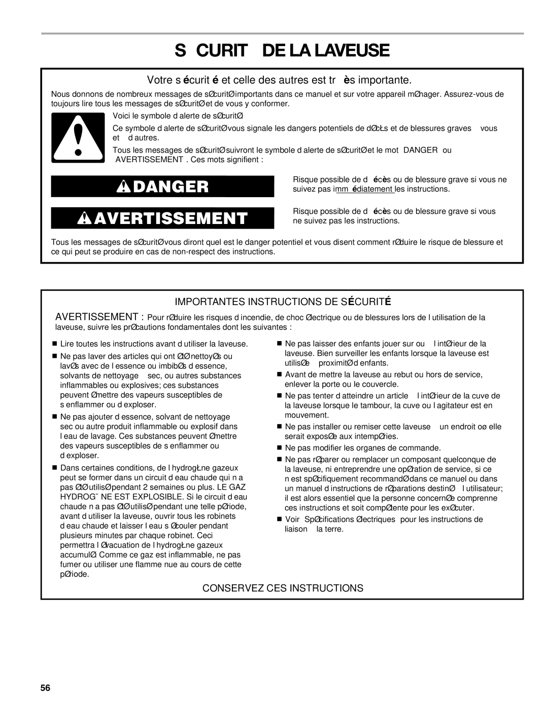 Kenmore HE5T manual Sécurité DE LA Laveuse, Votre sécurité et celle des autres est très importante 