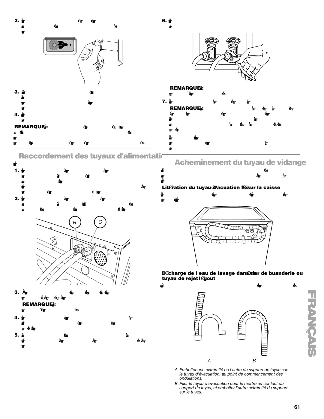 Kenmore HE5T manual Acheminement du tuyau de vidange, Libération du tuyau dévacuation fixé sur la caisse 