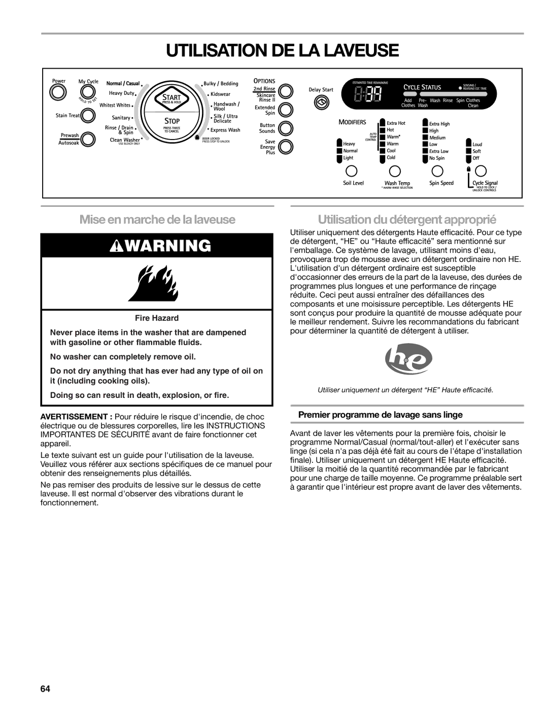 Kenmore HE5T manual Utilisation DE LA Laveuse, Mise en marche de la laveuse, Utilisation du détergent approprié 