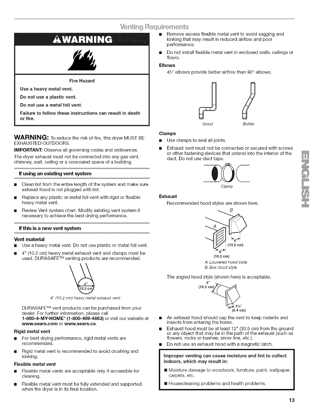 Kenmore I10.8809 If using an existing vent system, If this is a new vent system Vent material, Exhaust, Rigid metal vent 