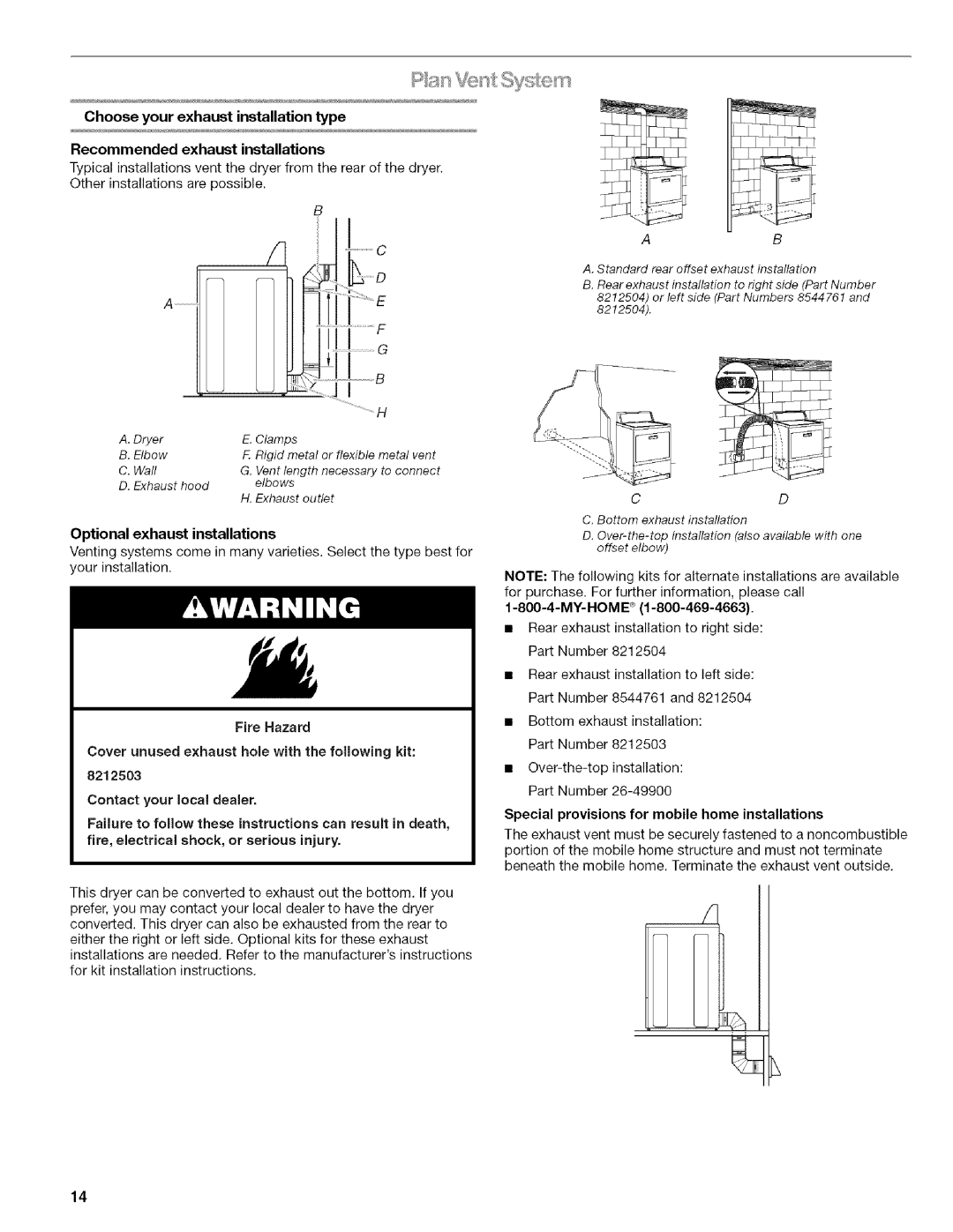 Kenmore I10.8808, I10.8809 manual Optional exhaust installations, Special provisions for mobile home installations 