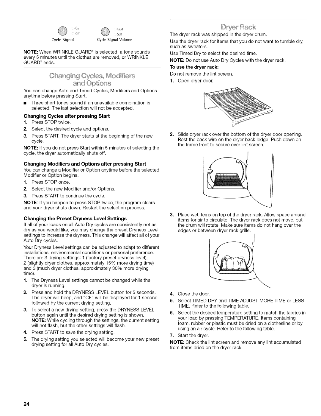 Kenmore I10.8808, I10.8809 Changing Modifiers and Options after pressing Start, Changing the Preset Dryness Level Settings 