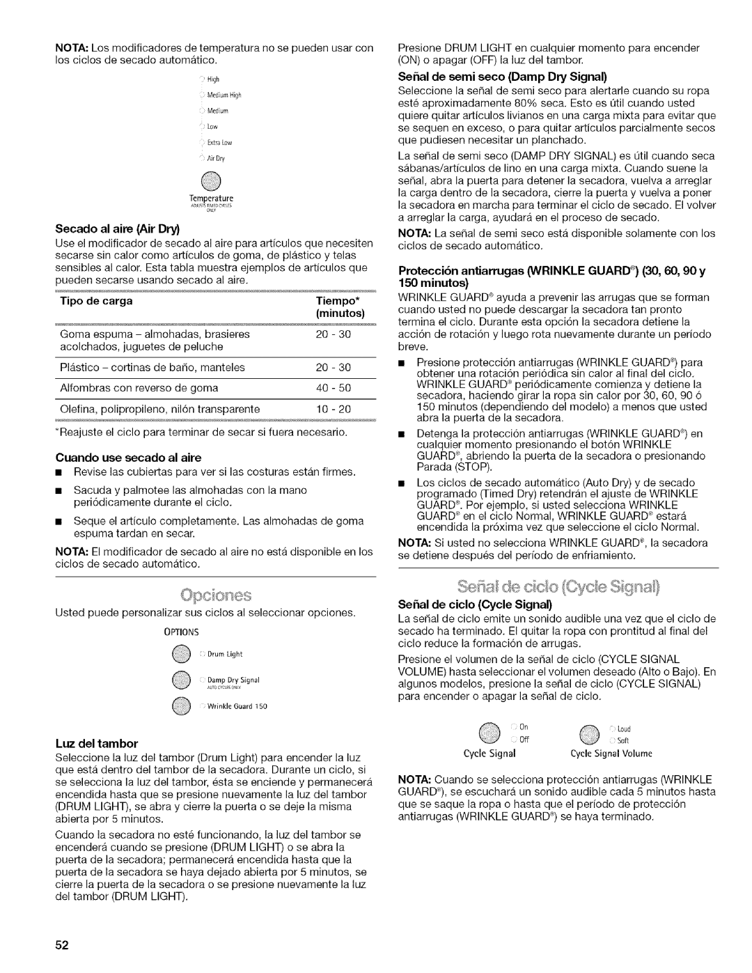 Kenmore I10.8808 Secado al aim Air Dry, Tipo de carga Tiempo, Cuando use secado al aire, Serial de ciclo Cycle Signal 