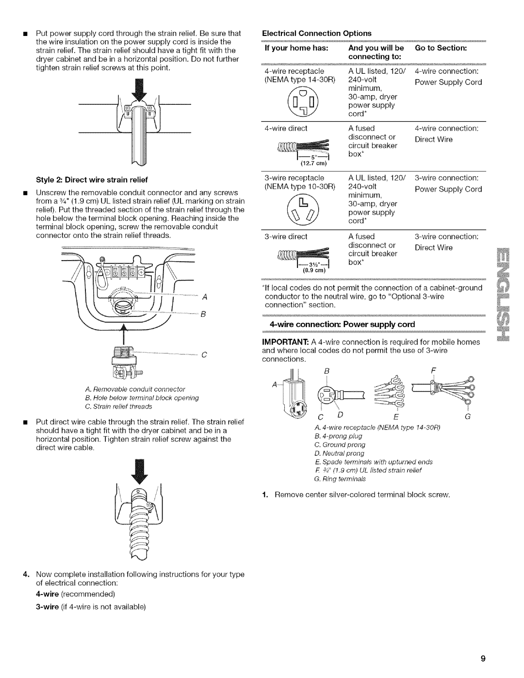 Kenmore I10.8809, I10.8808 manual Style 2 Direct wire strain relief, Wire connection Power supply cord 