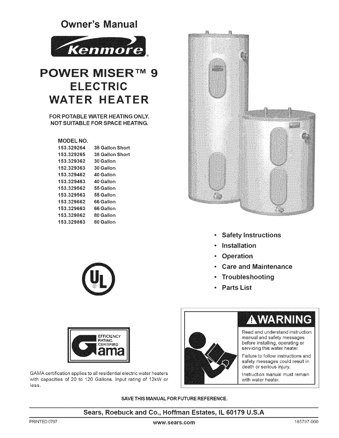 Kenmore I 52.329363 30 GALLON instruction manual Electric, Owners ManuaJ, Power Misertm, Water Heater 