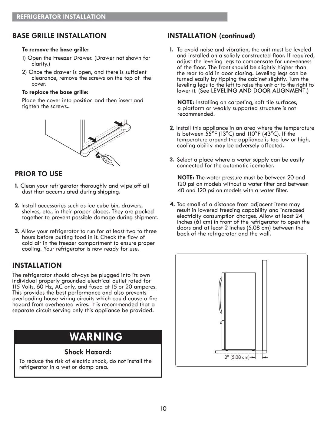 Kenmore kenmore manual Base Grille Installation, Prior to USE, To remove the base grille, To replace the base grille 