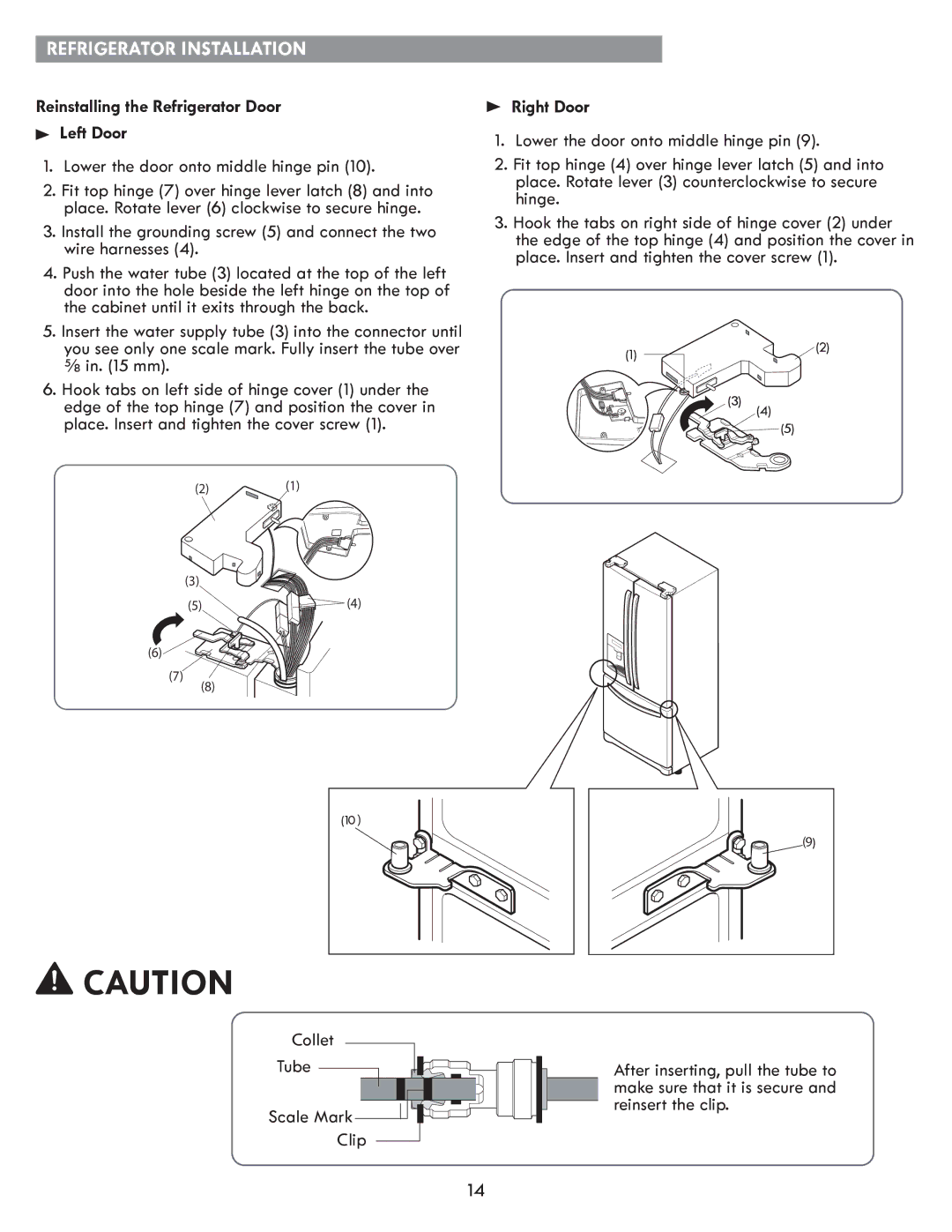 Kenmore kenmore Reinstalling the Refrigerator Door Left Door, Lower the door onto middle hinge pin, ⅝ in mm, Right Door 