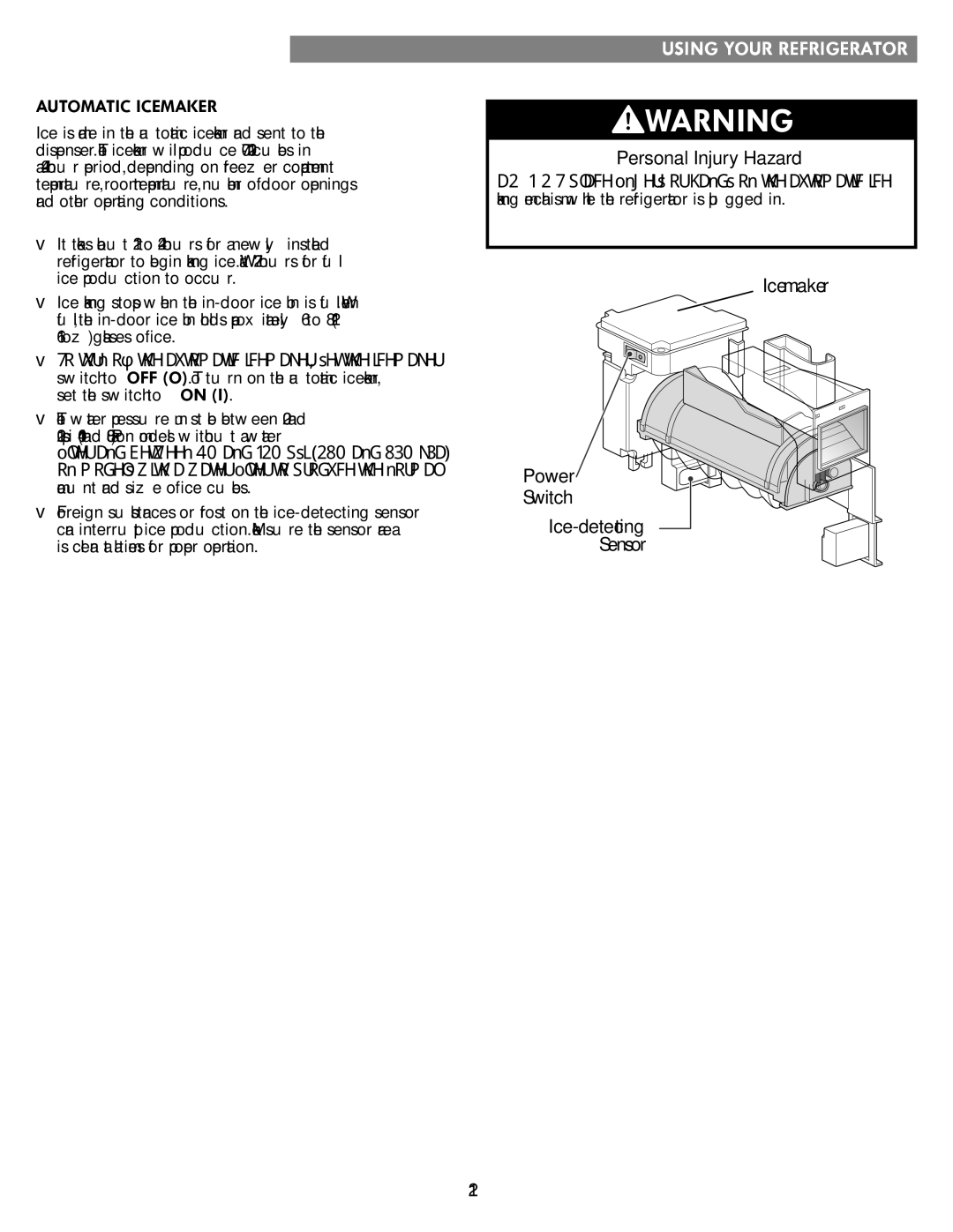 Kenmore kenmore manual Automatic Icemaker, Personal Injury Hazard, Icemaker Power Switch Ice-detecting Sensor 