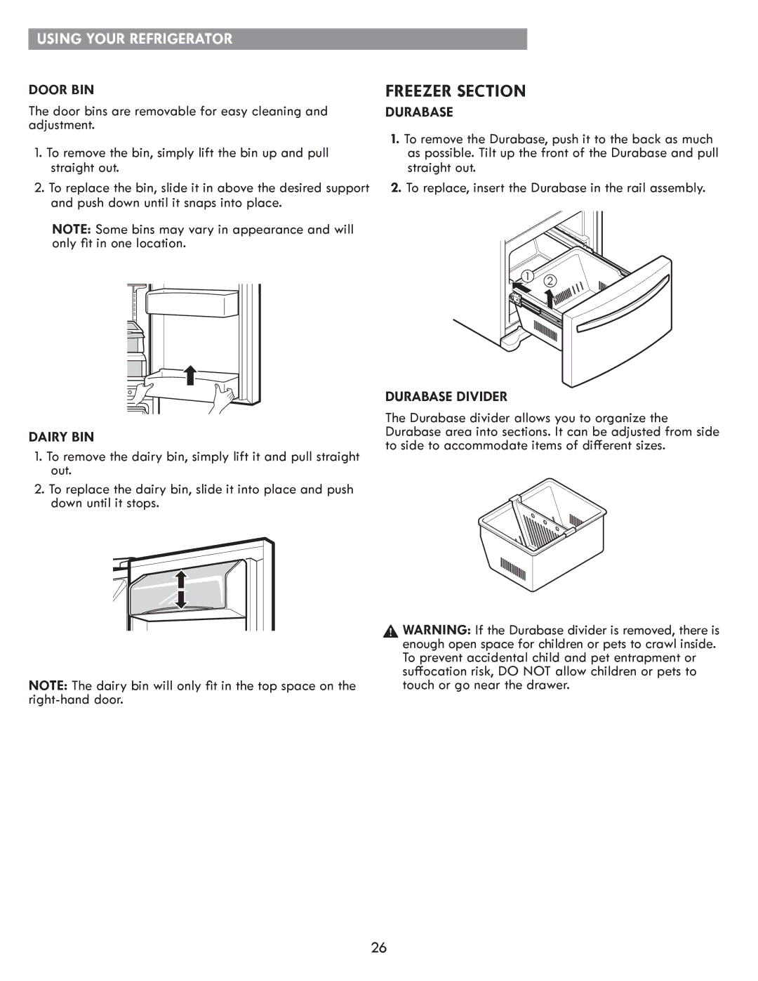 Kenmore kenmore manual Freezer Section, Door BIN, Dairy BIN, Durabase Divider 