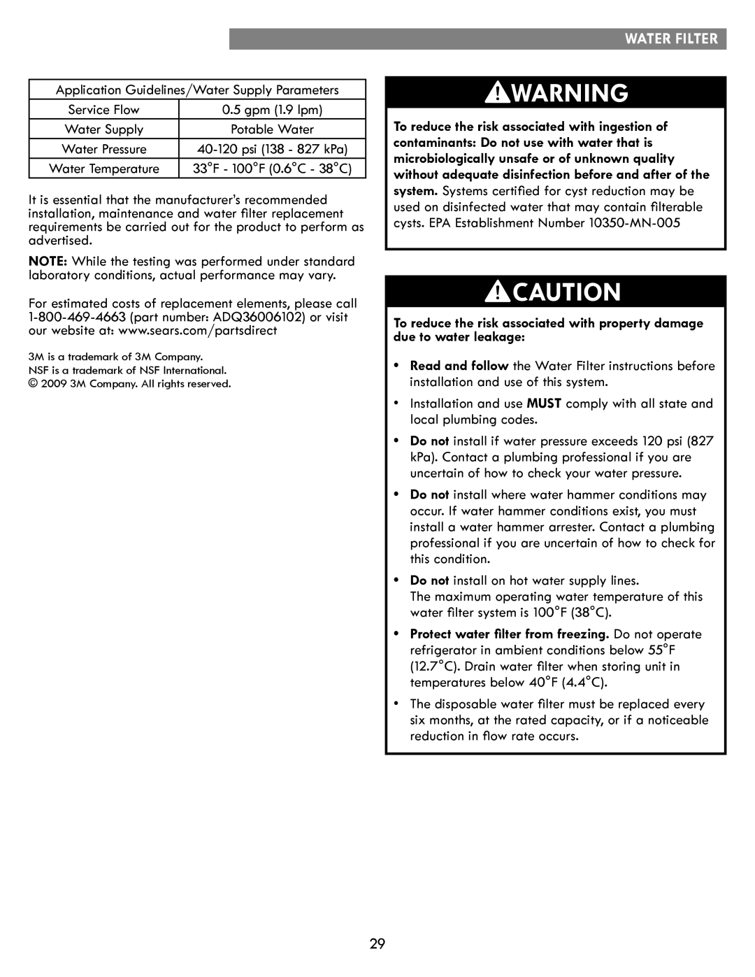 Kenmore kenmore manual Water Supply Potable Water 