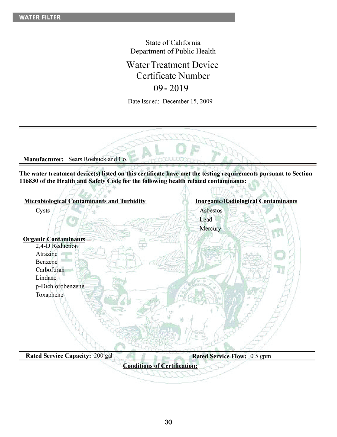 Kenmore kenmore manual Water Treatment Device Certificate Number 