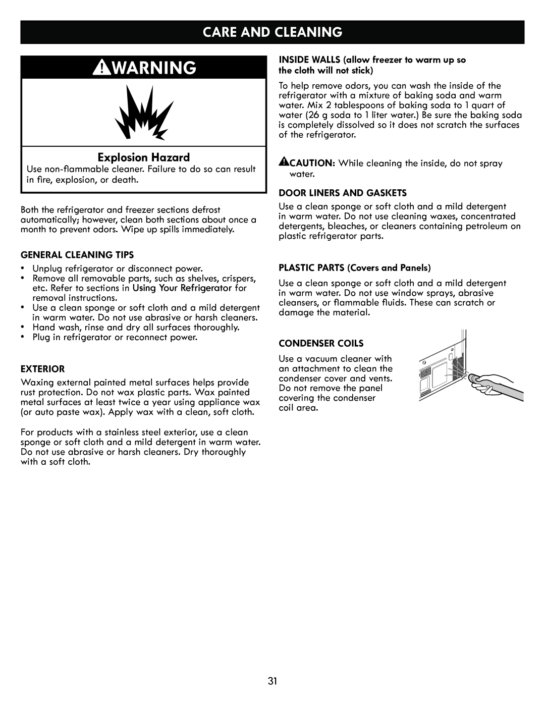 Kenmore kenmore manual Care and Cleaning, General Cleaning Tips, Exterior, Door Liners and Gaskets, Condenser Coils 