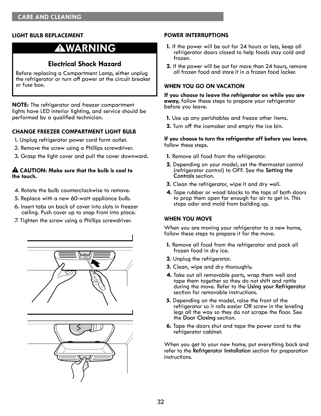 Kenmore kenmore manual Light Bulb Replacement, Change Freezer Compartment Light Bulb, Power Interruptions, When YOU Move 